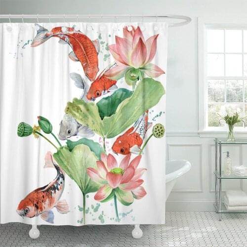 Colorful Fish Watercolor Koi Carp and Lotus Flower Pink Animal Asia Shower Curtains Waterproof Polyester Fabric 72 x 72 inches