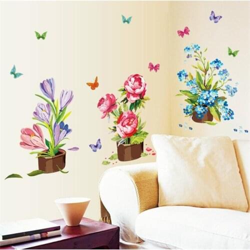 Vivid 3D colorful flowers potted wall stickers art murals living room bedroom waterproof wall decoration