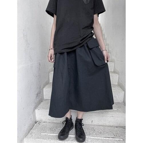 Large size dark high waist skirt for womens 2021 summer new solid color small black skirt with large pocket showing thin A-line