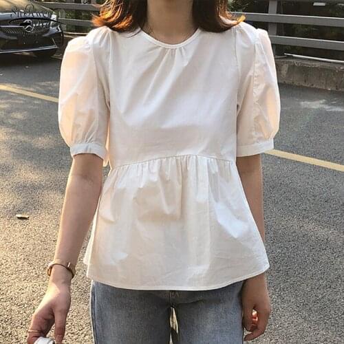 Casual Blouse Women Summer 2021 New Elegant Round Collar New Puff Sleeve Cotton Shirt Short Sleeve Tops Female Blusa Mujer 14375