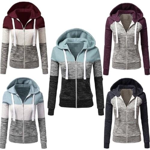 Women Zipper Sports Sweatshirts Autumn Winter Casual Long Sleeve Pocket Patchwork Hoodies Female Harajuku Slim Plus Size Coat