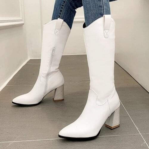 2021 New Spring Autumn Women Western Boots Fashion Zipper Knee High Boots Ladies Pointed Toe Thick High Heel Winter Shoes