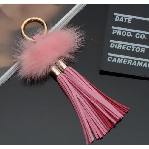 8 colors Fashion Mink Fur Handmade Cute Leather Tassel Keychain for Women Car Pendant Girl Statement Jewelry Bag Key Chains Ring