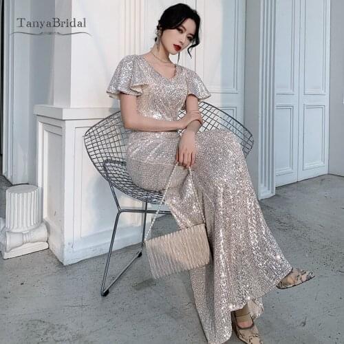 Luxury Silver Sequin Long Evening Dress 2020 Robe De Soiree Sexy V Neck Short Sleeves Evening Prom Gowns Vestido De Festa