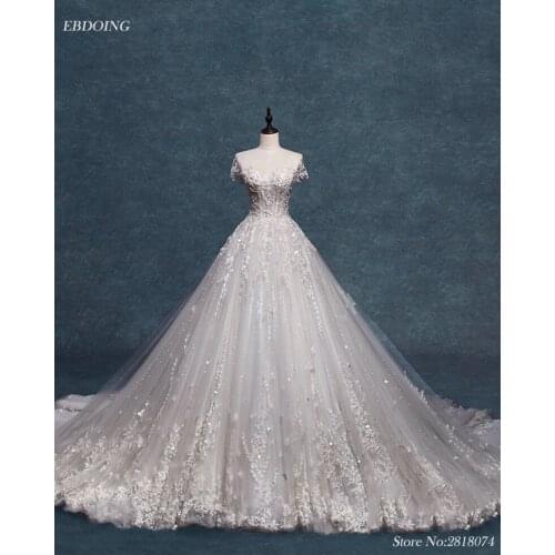 Vestidos De Novia Real Photo A-line Wedding Dress Short Sleeves Boat Neck Plus Sizes Lace Up Chapel Train With Lace Beaded