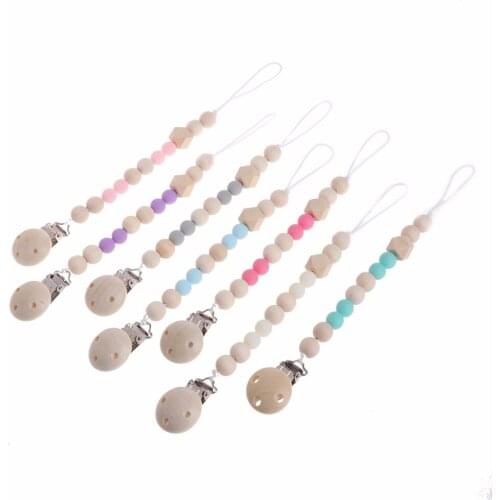 2020 New Nipple Holder Beaded Wooden Baby Pacifier Clip Chain Nipple Leash Strap Metal Pacifier Clips Soother Chain #20/12