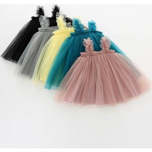 2021 0-5Y Princess Kids Baby Girls Dress Solid Color Mesh Straps Sleeveless Tulle Tutu Dress For Birthday Party