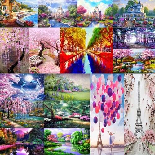Diamond Painting 5d Diy Full Round Diamond Mosaic Embroidery Drill Home Decoration landscape Pink tree Holiday Gifts