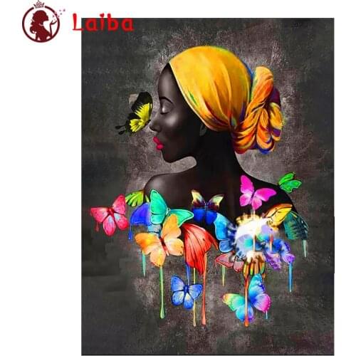 DIY Diamond Painting black African woman with colorful butterflies Diamond Mosaic Full Drill Square Cross Stitch Handmade Hobby