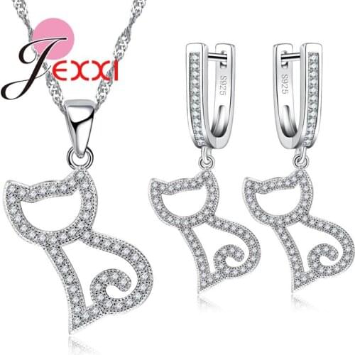Free Shipping Woman Necklace Earrings Pendant Stainless Silver Jewelry Set Cute Rhinestone Cat Shape