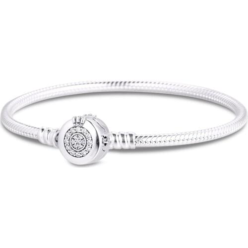 Moments Sparkling Crown O Snake Chain Bracelet Genuine 925 Sterling Silver Jewelry for Women DIY Charms Beads Making Pulseras