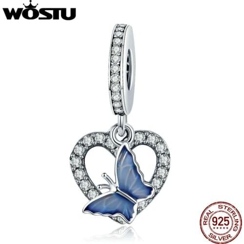 WOSTU Real 100% 925 Sterling Silver Butterfly in Heart Romantic Charms Fit Bracelet Necklace Glitter Bead Jewelry Making CQC818