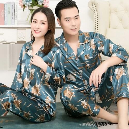 FZSLCYIYI Long Sleeve Long Pants Couple Silk Satin Pajamas Set Sleepwear Pijama Pyjamas Suit Women Men Sleep 2PC Set Loungewear