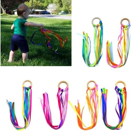 Rainbow Natural Wooden Ribbon Ring Waldorf Toys Baby Newborn Teether Montessori Sensory Toys Shower Gift