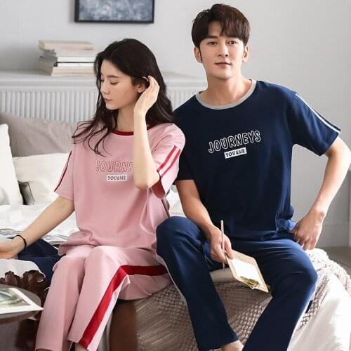 Summer Womens Pajamas Set Fashion Stripe Patchwork Letter Sleepwear Cotton Couple Home Wear Plus Size Blue Nightwear For Men