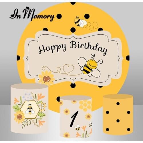 Yellow Sweet Bee Day Round Backdrop Cover Cute Baby Shower Newborn Girls 1st Birthday Party Photography Background Plinth Covers