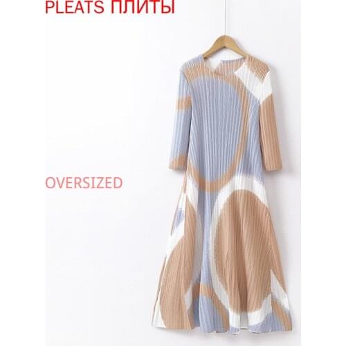 Miyake Folds 2021 New Spring Temperament Printed Dress Show Thin Blue Sleeved Dress Pleats Vestido De Mujer Robes Robe Femme