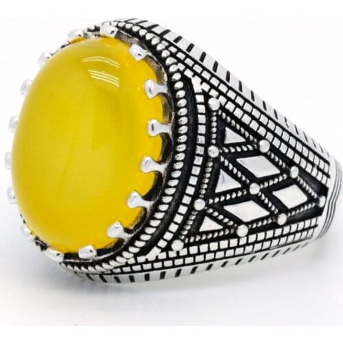 Mens Rings with Agate Stone 925 Sterling Yellow Gemstone with Stripe Rings Turkish Thai Silver Jewelry to Male Husband Gift