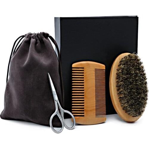 Beard Care Tools Set Bristle Beard Brush Mini Metal Scissor Wooden Two-Sided Comb Men Grooming Kits