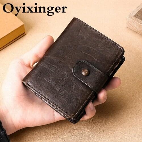 OYIXINGER Mens Wallet Men Small RFID Blocking Pocket Crazy Horse Genuine Leather Wallet With Flip ID Vintage Coin Purse Male