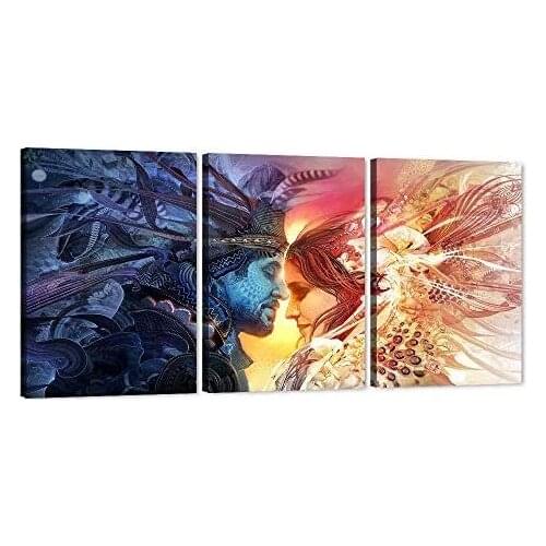 Couple Love Canvas Native American Lover Kiss Art Print Colors Feather Texture Abstract Artwork Psychedelic Style Room Decor