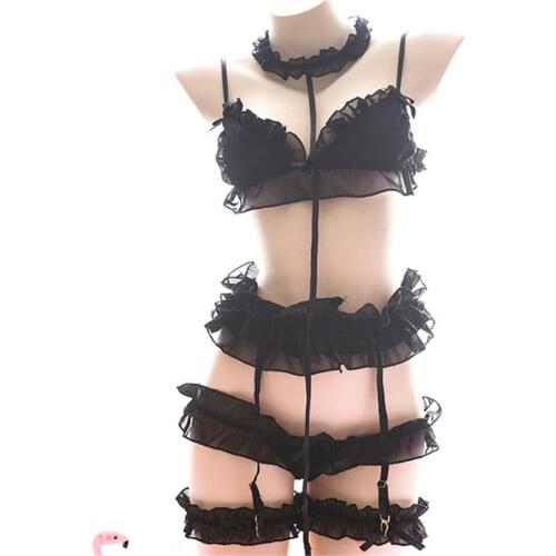 Japanese Lolita Women Sexy Lingerie Set Cute White Ruffles Lace Ladies Kawaii Babydoll Soft Black Pajamas Cosplay Costumes 2021