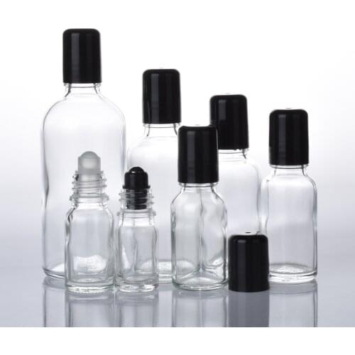 12pcs/lot 5ml 10ml 15ml 20ml 30ml 50ml 100ml Empty Clear Glass Essential Oil Bottle With Black Metal Rollon Cosmetic Container