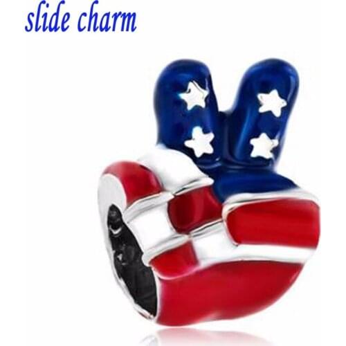 Slide charm wholesale 2018 Usa Patriotic Flag Victory Hand Sign Language Bead Charm Bracelets fit Pandora bracelet
