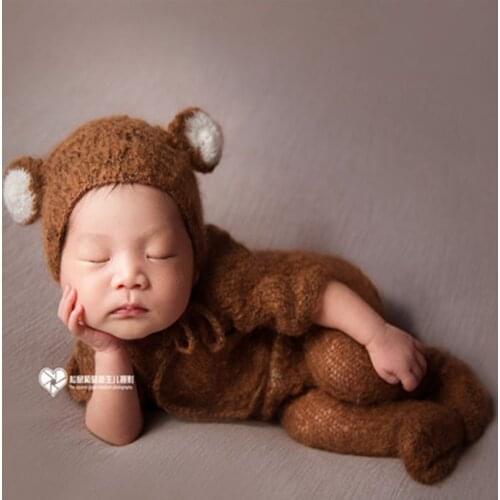 Knitted Baby Animal Clothes Bonnet Baby Footed Romper Baby Boy Pants and Bear Bonnet Newborn Outfit Hat Infant Hat Props