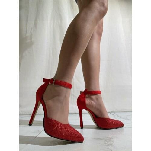 Women Pumps 2021 Sequins High Heels Sexy Pointed Toe Ankle Buckle Wedding Party Fashion Shoes For Lady