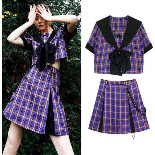 Streetwear New Summer Two Piece Set Women Short Sleeve Check Pattern Women Crop Tops Mini A-Line Skirt Cool Girl Clothes SL457