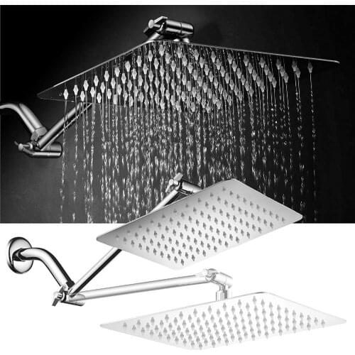 12inch Ultra Thin Stainless Steel Rainfall Square High Pressure Shower Head Solid Brass Adjustable Extension Folding Shower Arm