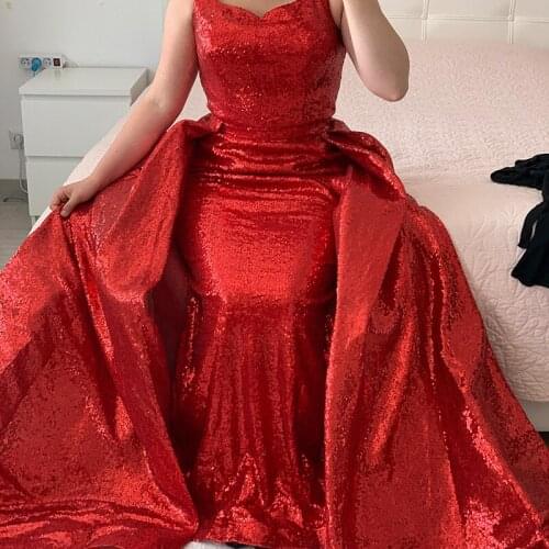 Dubai V-Neck Evening Dress 2020 Sleeveless Sequined Luxury Sparkle Detachable Train Mermaid Formal Party Gowns