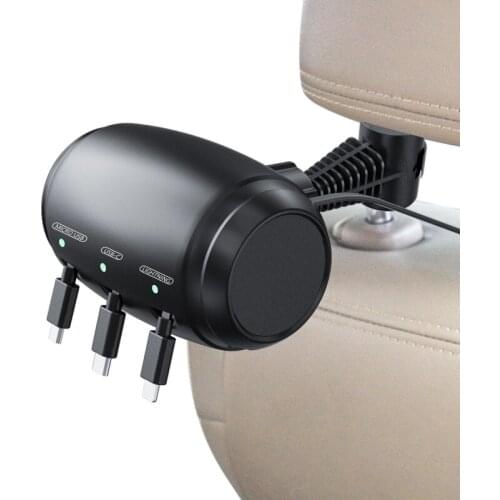 Car Headrest Backseat Retractable Charger Cord 3 in 1 Type C Micro USB Lightning Phone Charge Cable Power Charging Station