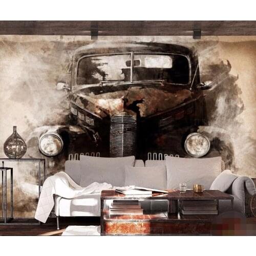 Bacal wallpaper wall murals wall stickers 3D ink European style nostalgic retro tattered black car classic car backdrop wall