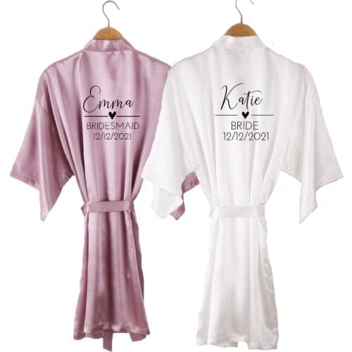 Quick custom name date wedding robe personalized writing mauve kimono satin short bridal shower gift women Getting Ready Robe