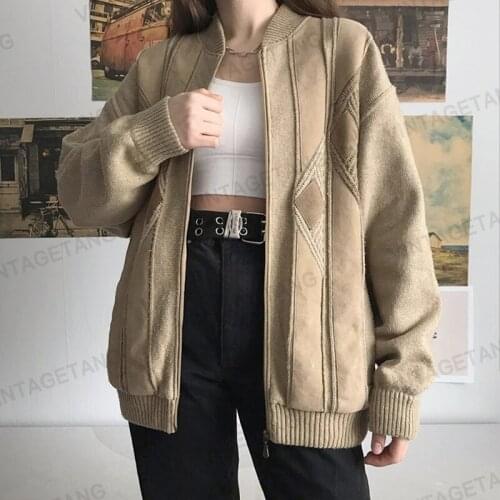 B-TOTO American Retro Brown Diamond Jacquard Sweater Cardigan Womens Trendy Ins Loose Jacket 2021
