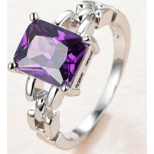 Geometric Purple Crystal Zircon Ring Square Stone Chain Rings For Women Wedding Jewelry Vintage Fashion Silver Color Dainty Ring