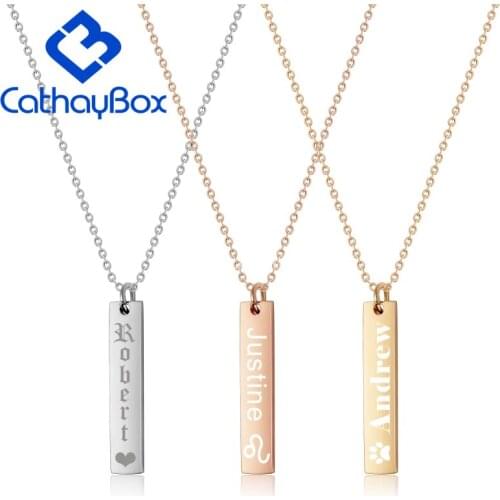 Womens Gold Rose Gold Personalized Stainless Steel Blank Vertical Engrave Name Bar Charm Pendant Necklace Chain