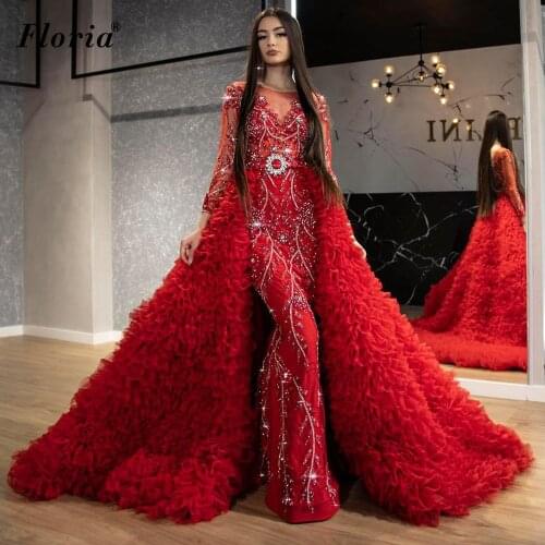Two Pieces Red Evening Dresses With Detachable Train Long Sleeves Formal Evening Gowns Beads Celebrity Dresses For Women Robes