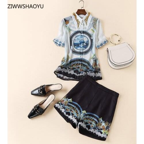 ZIWWSHAOYU Summer Women Casual Shorts Suit Lapel Print Short Sleeve Straight Type Print Shirts + Fashion Slim Shorts 2-Piece Set