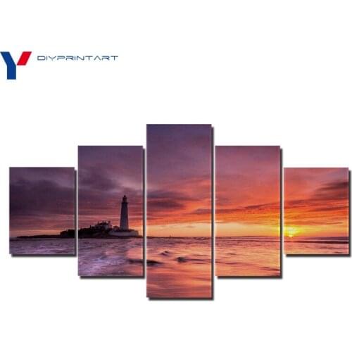 Ocean Lighthouse 5 Panel Wall Decor Sunset Landscape Poster Wall Pictures for Living Room A0668