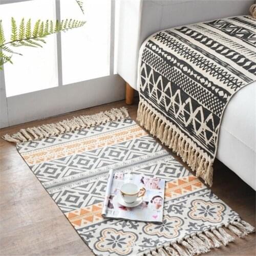 Bohemian Home Decoration Cotton Canvas Hand-woven Carpet Geometric Floor Mat Bedroom Living Room Rug with Tassel Home Mat