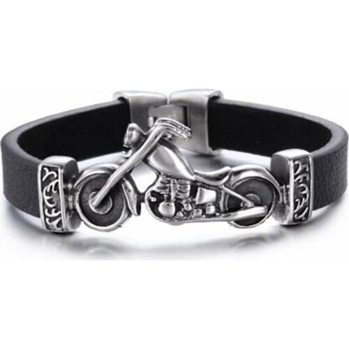 Fashionable Personality Mens Motorcycle and Skull Charm Bracelet Rock Punk Durable Leather Bracelet Cool Gift