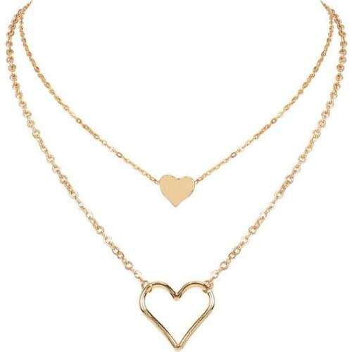 Double Layer Necklace Fashion Heart Shaped Pendant Necklace Retro Clavicle Chain Necklaces for Women Jewelry Pendant Bijoux