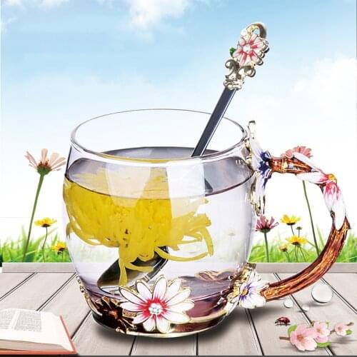 Enamel Glass Cups Coffee Mug Luxury Glass Cups Handgrip with Spoon Cup Home Milk Mug Christmas Gifts