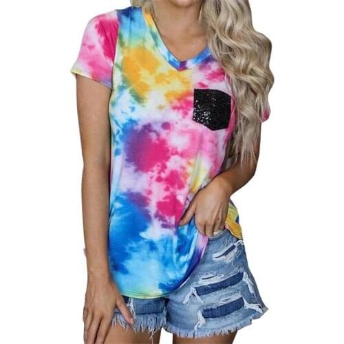 Sexy Tie Dye Print Short Sleeve T-Shirt 2020 Summer Women Multicolor Loose Top Casual V-Neck Tracksuit T-Shirt With Pocket