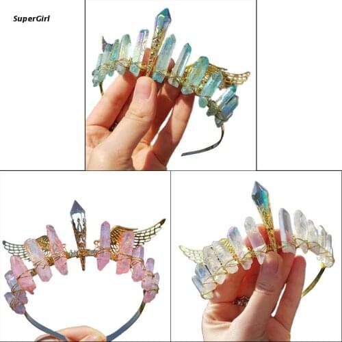 J78E Handmade Colorful Raw Crystal Quartz Crown Headband Vintage Metal Angel Wing Goddess Tiara Halo Hairband Antique Wedding