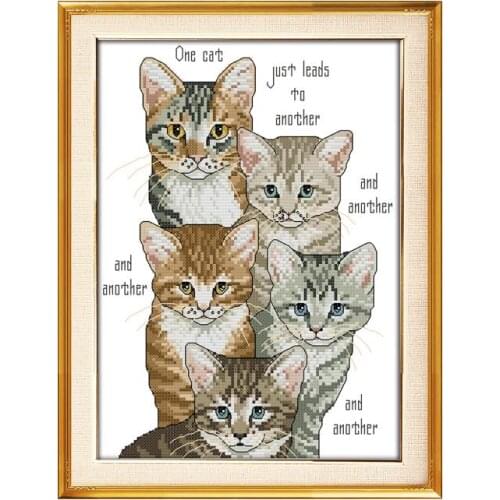 Joy Sunday Five Kittens Cross Stitch Animal Series Cat Pattern Printed Cloth Chinese Embroidery Needlework Decoracions for Home
