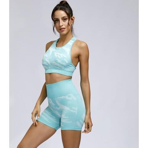 Camo Seamless Yoga Set Workout Clothes Gym Shorts Fitness Yoga Shorts + Sports Bra 2 Piece Sports Suit Female Summer Sportwear